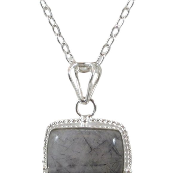 Natural Black Rutilated Quartz Gemstone Pendant Necklace - Picture 2 of 3